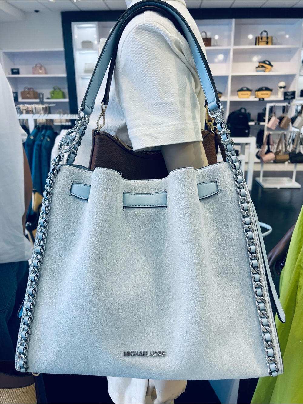 Michael Kors Mina Lg Suede Chain Shoulder Bag Pale Ocean Blue Leather NWT - Picture 6 of 16